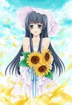  bad_id bad_pixiv_id blue_hair dress flower grey_eyes hagiwara_rin hat long_hair original petals smile solo sunflower 