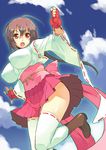  boots brown_hair cloud day gloves japanese_clothes long_hair musubi red_eyes ryuuta_(msxtr) sekirei shoes skirt sky solo thighhighs 