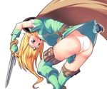  ass bad_id bad_pixiv_id beetle blonde_hair bug cape copyright_request elf gloves insect koflif panties pointy_ears skirt skirt_lift solo sword thighhighs underwear weapon 