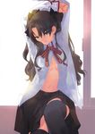  arms_up black_hair black_legwear breasts fate/stay_night fate_(series) hair_ribbon highres homurahara_academy_uniform long_hair medium_breasts midriff okazaki_takeshi open_clothes open_shirt ribbon school_uniform shirt skirt solo thighhighs toosaka_rin two_side_up underboob 