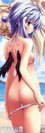  absurdres artist_request ass back beach bikini bikini_pull black_wings blue_hair blush eternal_fantasy highres long_image looking_back ocean pulled_by_self short_hair stick_poster swimsuit tall_image wings 