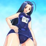  ahoge blue_hair blush breasts crotch day from_below idolmaster idolmaster_(classic) idolmaster_live_for_you! large_breasts long_hair miura_azusa muhi11234 one-piece_swimsuit open_mouth red_eyes school_swimsuit sky solo swimsuit 