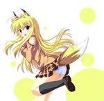  animal_ears blonde_hair fox_ears kanokon kneehighs long_hair minamoto_chizuru odayan panties plaid plaid_skirt purple_eyes school_uniform serafuku skirt socks solo tail underwear 