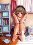  absurdres barefoot blue_eyes book bookshelf brown_hair cd cd_player chemise curtains electric_socket feet grin hand_on_ear headphones highres inou_shin leaning_back leg_hug non-web_source original panties short_hair signature sitting smile soles solo squatting strap_slip sunlight toes underwear window wooden_floor 