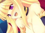  areolae bare_shoulders blonde_hair blush breasts choker demon_girl fangs kinoshita_ichi large_breasts long_hair open_mouth out-of-frame_censoring purple_eyes ragnarok_online slit_pupils smile solo succubus succubus_(ragnarok_online) 