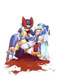  1girl artist_request blonde_hair blood blue_hair boots death gloves helmet leviathan_(rockman) long_hair rockman rockman_zero sad smile zero_(rockman) 