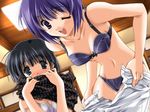  black_hair blue_eyes blue_hair blush bra comic_party green_eyes haga_reiko hasebe_aya lingerie mitsumi_misato multiple_girls non-web_source one_eye_closed panties purple_eyes purple_hair short_hair strap_slip underwear undressing 