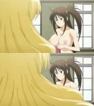  animated animated_gif blonde_hair breasts brown_hair comparison covered_nipples dressing large_breasts long_hair lowres multiple_girls nipples no_bra screencap sekirei side_ponytail skin_tight source_request tsukiumi uzume 