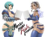  armor ass breasts cleavage dark_skin elbow_gloves gloves green_hair large_breasts monster_hunter multiple_girls short_hair silver_hair thighhighs thomasz 