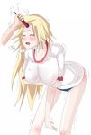  1girl bad_id bad_pixiv_id bent_over blonde_hair blush breasts closed_eyes hanging_breasts hetero horn hornjob hoshiguma_yuugi huge_breasts impossible_clothes impossible_shirt long_hair open_mouth ryouma_(galley) shirt solo_focus touhou trembling 