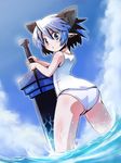  animal_ears artemisia_(pixiv_fantasia) ass blue_eyes blue_hair cat_ears cloud day edobox extra_ears from_behind huge_weapon looking_back one-piece_swimsuit pixiv_fantasia pixiv_fantasia_2 pointy_ears school_swimsuit short_hair sky solo swimsuit sword wading water weapon wet 