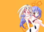  :d artist_request blonde_hair blue_eyes blue_hair breasts cross hair_ribbon hairband impossible_clothes impossible_shirt jewelry kneehighs kujou_ria large_breasts lolotte_rosenkreuz long_hair multiple_girls necklace necktie open_mouth ribbon school_uniform shirt skirt smile socks thighhighs twinkle_crusaders wallpaper white_legwear yellow_eyes 