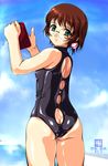  aqua_eyes ass ass_cutout back back_cutout bangs blush brown_hair butt_crack character_name cloud copyright_name covered_nipples cowboy_shot day earrings flat_chest from_behind glasses head_tilt holding jewelry light_smile looking_at_viewer looking_back one-piece_swimsuit outdoors rimless_eyewear shiny shiny_clothes shiritsu_souyou short_hair skin_tight sky smile solo sorachi_nao standing swimsuit thighs turtleneck zundarepon 