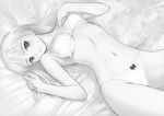  bed bra breasts copyright_request g-string greyscale highres lingerie long_hair lying medium_breasts monochrome navel panties solo tanaka_takayuki thighs thong underwear underwear_only 