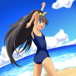  beach day ganaha_hibiki idolmaster idolmaster_(classic) idolmaster_1 nishi_(count2.4) one-piece_swimsuit ponytail school_swimsuit solo swimsuit 