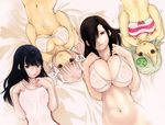  bed_sheet bikini bikini_top black_hair breasts brown_eyes chou-mukiryoku_sentai_japafive cleavage glasses green_hair hair_ornament hair_over_one_eye huge_breasts japafive large_breasts long_hair looking_at_viewer lying multiple_girls nangoku_tsumomo navel on_back one-piece_swimsuit pink_hair sato_masaki see-through shinkai_nagisa smile striped striped_bikini swimsuit tsukino_shitsuku twintails underboob 