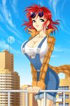  artist_request breasts brown_eyes copyright_request day earrings formal glasses jewelry large_breasts overalls railing red_hair shirt short_hair sky smile solo suit town 