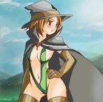  blush breasts brown_hair cape dragon_quest dragon_quest_iii hat lowres mage_(dq3) medium_breasts non-web_source red_eyes short_hair sideboob slingshot_swimsuit swimsuit thighhighs witch_hat 
