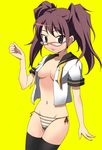  glasses kujikawa_rise nippori no_pants open_clothes open_shirt panties persona persona_4 pink-framed_eyewear school_uniform serafuku shirt side-tie_panties solo striped striped_panties thighhighs twintails underwear yasogami_school_uniform 