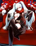  bad_id bad_pixiv_id black_legwear boots breasts bullet chain crossed_legs hagane_miku hagane_vocaloid high_heels jewelry large_breasts legs nanahime naughty_face red_eyes ring shoes silver_hair sitting skull solo thigh_boots thighhighs thighs twintails vocaloid white_hair 