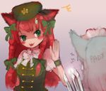  2girls :3 animal_ears bad_id bad_pixiv_id blush bow braid cat_ears green_eyes hair_bow hat hong_meiling izayoi_sakuya kaenbyou_rin katari knife long_hair multiple_girls red_hair ribbon short_hair silver_hair sweatdrop touhou twin_braids 