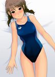  bed braid brown_eyes brown_hair cameltoe competition_swimsuit copyright_request gossa-tei lying non-web_source one-piece_swimsuit short_hair solo swimsuit twin_braids 