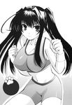  bike_shorts bra breasts fighting_stance greyscale highres huge_breasts kanokon lingerie long_hair minamoto_chizuru monochrome non-web_source smile solo sports_bra twintails underwear 