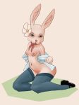  2019 anthro beastars breasts butt clothed clothing digital_media_(artwork) female flower fur haru_(beastars) hi_res lagomorph legwear looking_at_viewer mammal mrerrant nipples partially_clothed plant pussy rabbit simple_background small_breasts solo thick_thighs thigh_highs 