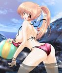  artist_request ass bikini blush breasts brown_hair crab crustacean day dead_or_alive diagonal_stripes kasumi_(doa) large_breasts ponytail red_eyes solo striped striped_bikini surprised swimsuit thighs wardrobe_malfunction water wet 