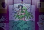  1girl bad_anatomy bed butt_crack c.c. code_geass cuddling food green_hair hug lelouch_lamperouge long_hair nude pizza pizza_hut product_placement short_hair sweatdrop yellow_eyes 