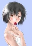  1girl amagami bare_shoulders black_hair blue_background blush bob_cut brown_eyes camisole cherry eating food fruit looking_at_viewer looking_to_the_side murasaki_iro nanasaki_ai portrait short_hair simple_background solo tan tanline 