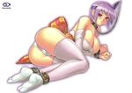  alternate_color ankle_cuffs areola_slip areolae ass ayane_(doa) bdsm breasts chain cleavage collar cuffs dead_or_alive feet hairband highres iruma_kamiri large_breasts lying panties purple_hair red_eyes short_hair solo tabi thighhighs underwear 