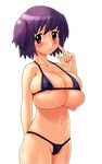  areola_slip areolae artist_request bikini blush breasts bursting_breasts cleavage copyright_request covered_nipples deep_skin huge_breasts navel purple_eyes purple_hair short_hair solo swimsuit two_side_up underboob 