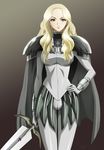  absurdres armor artist_request blonde_hair cape claymore claymore_(sword) grey_eyes highres long_hair mole mole_under_eye shoulder_pads silver_eyes solo sword teresa_(claymore) weapon 