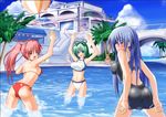  adjusting_clothes adjusting_swimsuit artist_request ball bikini blue_hair boat bow copyright_request day green_hair multiple_girls one-piece_swimsuit pink_hair playing pool see-through side-tie_bikini swimsuit water watercraft 