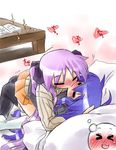  blue_hair blush closed_eyes hiiragi_kagami hug imagining izumi_konata kiss kogaku_kazuya lucky_star mole mole_under_eye multiple_girls pillow purple_hair sparkle twintails yuri 