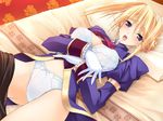  bed blonde_hair blush bow bow_panties bra breasts cleavage framed_breasts game_cg gloves komori_kei large_breasts lingerie lying open_clothes open_mouth open_shirt panties pillow princess_lover purple_eyes shirt silvia_van_hossen solo tongue underwear undressing white_gloves white_panties 