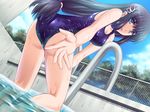  aqua_eyes ass black_hair breasts chain-link_fence cleavage cloud day dutch_angle fence from_below game_cg hair_ornament kotoura_sakura large_breasts long_hair one-piece_swimsuit open_mouth outdoors outstretched_hand ponytail pool pool_ladder poolside purple_school_swimsuit reaching school_swimsuit solo suku_suku_mizugi swimsuit wet zatou 