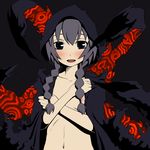  black_eyes black_hair blush braid breasts cloak curse_maker hood naked_cloak nude sekaiju_no_meikyuu small_breasts solo twin_braids unyon 