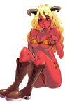  aguhari bad_id bad_pixiv_id blonde_hair blush boots bra copyright_request horns lingerie long_hair monster_girl panties red_eyes red_skin sitting solo underwear underwear_only 