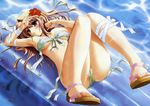  absurdres areolae bikini blush breasts brown_hair cameltoe copyright_request flower hibiscus highres inflatable_raft izumi_tsubasu long_hair lying medium_breasts on_back polka_dot polka_dot_bikini pool purple_eyes ribbon sandals solo swimsuit underboob water 