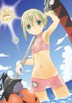  bikini black_cat blair blonde_hair cameltoe cat covered_nipples day flat_chest green_eyes maka_albarn okaebi soul_eater swimsuit 