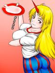  alcohol blonde_hair blush breasts chain cup horn hoshiguma_yuugi large_breasts long_hair lowres non-web_source red_eyes sakazuki sake solo touhou 