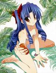  absurdres barefoot beach bikini blue_hair blush bow bracelet drill_hair face feet flat_chest goshuushou-sama_ninomiya-kun hair_bow hair_ribbon hands highres houjou_reika jewelry long_hair non-web_source oil palm_tree ribbon sitting smile solo swimsuit takanae_kyourin tree wariza 