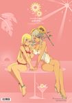  barcode bikini blonde_hair blue_eyes brown_eyes dark_skin drink earrings feet flower jewelry long_hair martini midriff multiple_girls navel one-piece_swimsuit original sitting sunflower swimsuit tako_ashin 