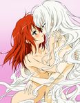  2girls absurdres aoi_nagisa blush breasts female hanazono_shizuma highres hug large_breasts long_hair multiple_girls nude red_hair simple_background strawberry_panic strawberry_panic! very_long_hair white_hair yuri 