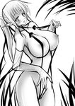  blush breasts copyright_request gloves greyscale huge_breasts monochrome pointy_ears ponytail pulled_by_self slingshot_swimsuit solo stem swimsuit swimsuit_pull thighs 