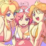  bikini blonde_hair blue_eyes breast_squeeze breasts brown_hair cleavage final_fantasy final_fantasy_i large_breasts lowres mario_(series) metata multiple_girls one_eye_closed pink_hair princess_daisy princess_peach purple_eyes smile source_request super_mario_bros. swimsuit white_mage 