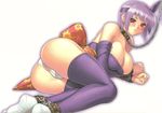  areola_slip areolae ass ayane_(doa) bdsm blush breasts chain cleavage cuffs dead_or_alive feet hairband highres iruma_kamiri large_breasts lying panties purple_hair red_eyes short_hair solo tabi thighhighs underwear 