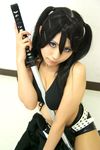  bikini_top black_hair black_rock_shooter blue_eyes breast_press breasts cosplay katana large_breasts long_hair photo short_shorts shorts solo sword twintails vocaloid weapon 